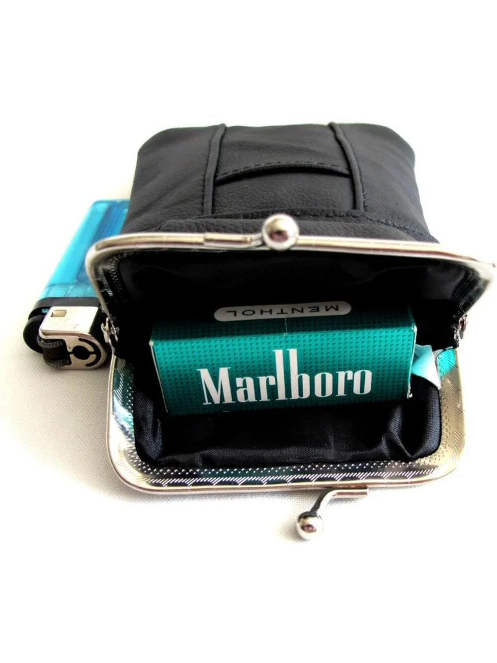 Genuine Leather Cigarette Case & Lighter Holder - Slim, Durable, Kiss Lock